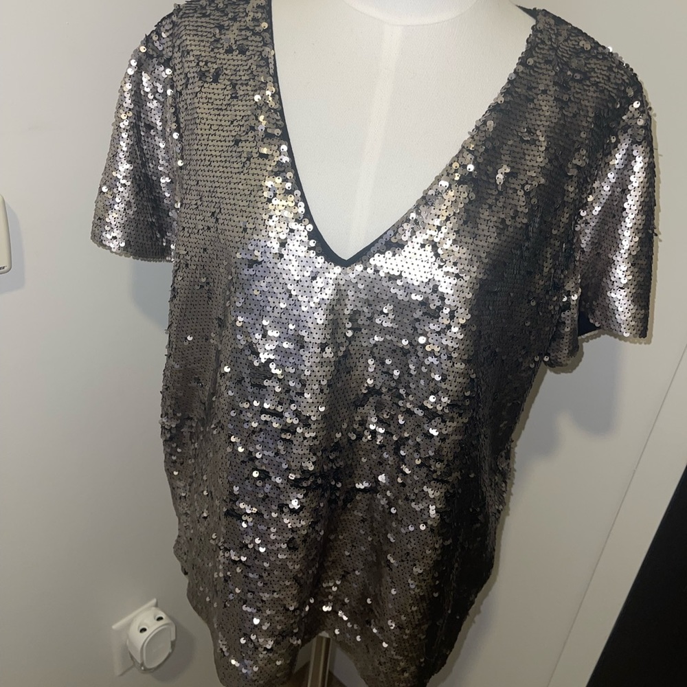 Vanessa Silver Sequin v-neck top from Anthropologie